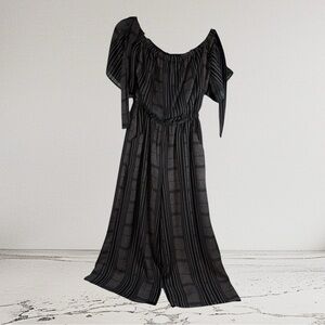 AUW Sz10 Off the Shoulder Wide Leg Romper Denim Pen Striped Jumper Jumpsuit